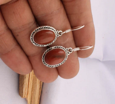 Natural Red Jasper Top Quality Gemstone Earring Cabochon Stone Boho Earring 925-Antique Silver Earring Antique Silver Earring Gift For Her