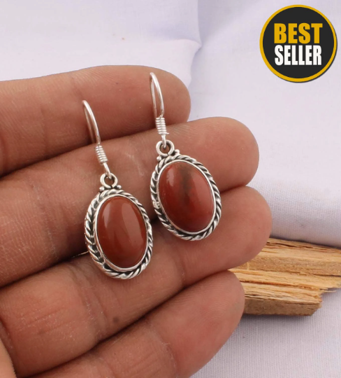 Natural Red Jasper Top Quality Gemstone Earring Cabochon Stone Boho Earring 925-Antique Silver Earring Antique Silver Earring Gift For Her