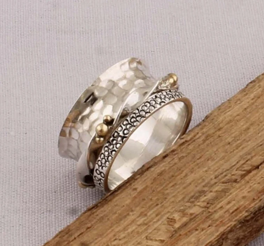 Thumb Ring 925-Antique Silver Ring,Sterling Silver Ring,Handcrafted Boho Ring,Silver With Brass Ring,Spinner Ring,Two Tone Ring Gift For Her