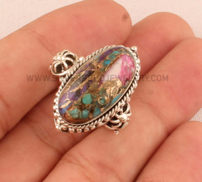 Mix Copper Gemstone Silver Ring - 925 Sterling Silver Ring - Designer Handmade Antiqued Silver Flower Ring - Wedding Jewelry Christmas Gift