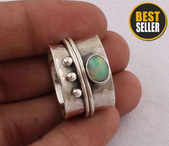 Natural Ethiopian Opal Gemstone Ring,Spinner Ring,Handcrafted Boho Ring,Thumb Ring,Wedding Ring Small Size Stone RingBOHO SILVER