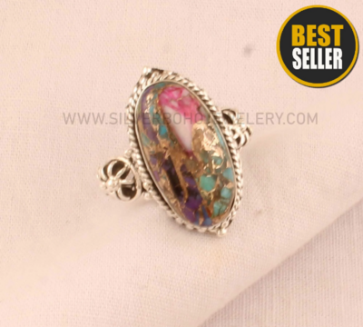 Mix Copper Gemstone Silver Ring - 925 Sterling Silver Ring - Designer Handmade Antiqued Silver Flower Ring - Wedding Jewelry Christmas Gift