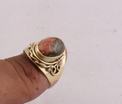 Natural Unakite Gemstone Ring yellow brass ring For Women, Oval Handmade AAA+Top Quality Gemstone Engagement, Anniversary Gift