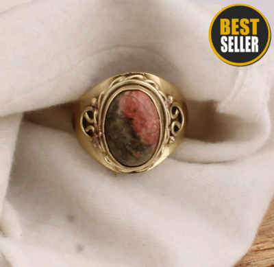 Natural Unakite Gemstone Ring yellow brass ring For Women, Oval Handmade AAA+Top Quality Gemstone Engagement, Anniversary Gift