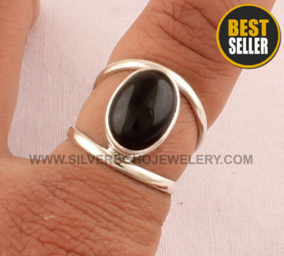 Black Onyx Ring - Solid 925 Sterling Silver Ring - Designer Double Band Ring - Engagement Oval Shape Ring - Handmade Ring For Women