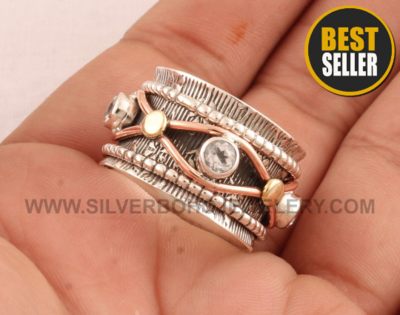 Crystal Quartz Three Tone Spinner Ring - 925 Solid Silver &amp; Brass Designer Boho Meditation Ring - Handmade Jewelry - Valentine's Day Gift