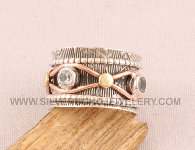 Crystal Quartz Three Tone Spinner Ring - 925 Solid Silver &amp; Brass Designer Boho Meditation Ring - Handmade Jewelry - Valentine's Day Gift