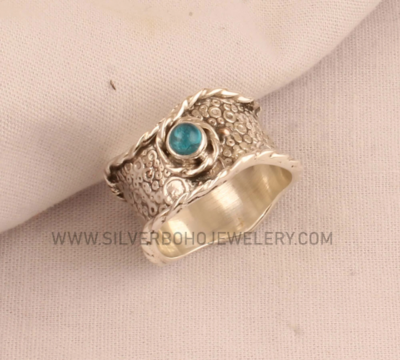 London Blue Topaz Solid 925 Sterling Silver Band Ring For Women - Meditation Ring - Designer Handmade Textured Silver Ring Gift For Women