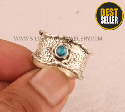 London Blue Topaz Solid 925 Sterling Silver Band Ring For Women - Meditation Ring - Designer Handmade Textured Silver Ring Gift For Women