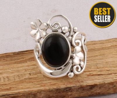 Beautiful Natural Black Onyx Gemstone Ring,925 Sterling Silver Ring,Top Quality Oval Cabochon Flower Ring, Valentine's Day Gift For Girls