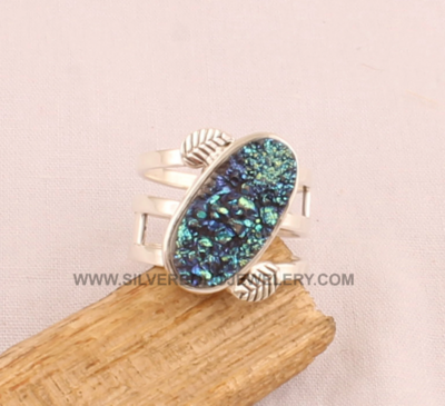Titanium Druzy Silver Ring - Solid 925 Sterling Silver Carved Leaves Ring - Three Bands Ring - Handmade Rainbow Druzy Ring - Women Ring Gift