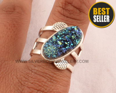 Titanium Druzy Silver Ring - Solid 925 Sterling Silver Carved Leaves Ring - Three Bands Ring - Handmade Rainbow Druzy Ring - Women Ring Gift