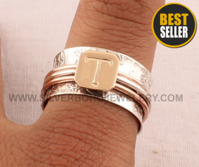 T Letter Two Tone Spinner Ring / 925 Sterling Silver &amp; Brass Spin Ring / Handmade Designer Carved Band Spinner Ring / Valentine's Day Gift