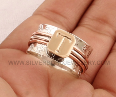 T Letter Two Tone Spinner Ring / 925 Sterling Silver &amp; Brass Spin Ring / Handmade Designer Carved Band Spinner Ring / Valentine's Day Gift