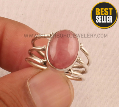 Solid Silver Pink Jade Ring - 925 Sterling Silver Ring - Designer Three Layer Band Rings - Engagement Oval Shape Ring - Handmade Silver Ring