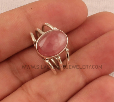 Solid Silver Pink Jade Ring - 925 Sterling Silver Ring - Designer Three Layer Band Rings - Engagement Oval Shape Ring - Handmade Silver Ring