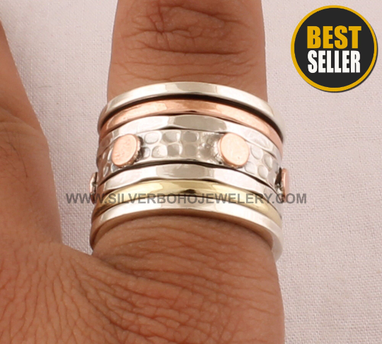 Hammered Three Tone Solid 925 Sterling Silver Spinner Ring For Wedding - Handmade Three Tone Meditation Ring For Women -Anxiety Ring For Her