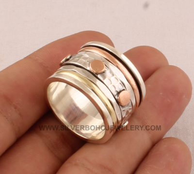 Hammered Three Tone Solid 925 Sterling Silver Spinner Ring For Wedding - Handmade Three Tone Meditation Ring For Women -Anxiety Ring For Her