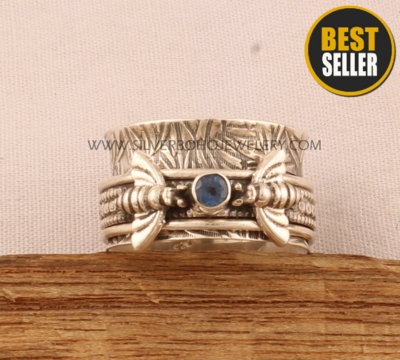Natural Kyanite Solid 925 Sterling Silver Double Bee Spinner Ring For Women - Designer Handmade Honey Bee Kyanite Solid Silver Anxiety Ring Natural Kyanite Solid 925 Sterling Silver Double Bee Spinner Ring For Women - Designer Handmade Honey Bee Kyanite Solid Silver Anxiety Ring