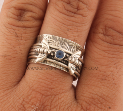 Natural Kyanite Solid 925 Sterling Silver Double Bee Spinner Ring For Women - Designer Handmade Honey Bee Kyanite Solid Silver Anxiety Ring