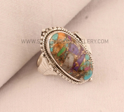 Mix Copper Turquoise Oval Carved Leaves Solid 925 Sterling Silver Ring For Women Handmade Stone Ring For Wedding Anniversary Gift For Women