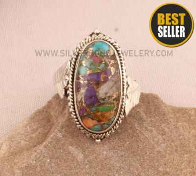 Mix Copper Turquoise Oval Carved Leaves Solid 925 Sterling Silver Ring For Women Handmade Stone Ring For Wedding Anniversary Gift For Women