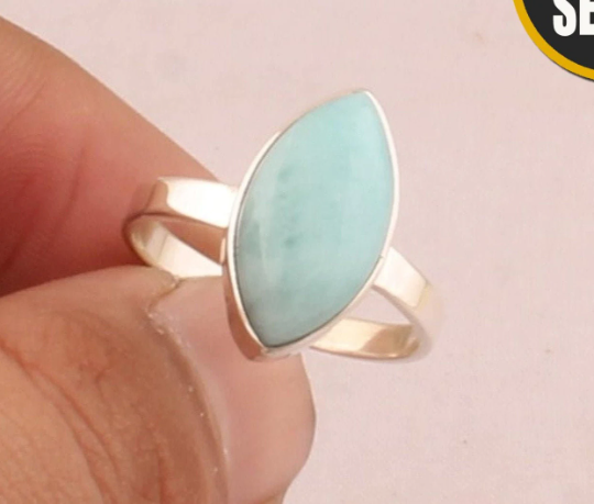 Natural Larimar Marquise Gemstone Silver Ring - 925 Sterling Solid Silver Ring - Handmade Silver Ring - Engagement Ring - Gift For Her