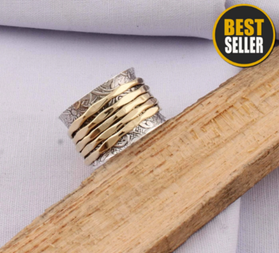 Thumb Ring 925-Antique Silver Ring,Sterling Silver Ring,Handcrafted Boho Ring,Silver Brass Ring,Spinner Ring,Two Tone Ring Gift For Her