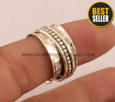 Hammered Solid 925 Sterling Silver Spinner Ring For Women - Designer Handmade Meditation Ring For Wedding - Worry Anxiety Ring For Gift Idea