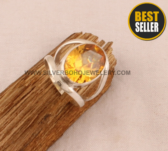 Yellow Cubic Zirconia Solid 925 Sterling Silver Ring For Wedding, Handmade Bohemian Silver Double Band Citrine Bridesmaid Ring For Gift Idea