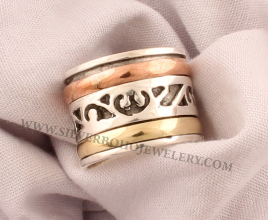 Hand Carved Three Tone Spinner Ring / 925 Solid Silver &amp; Brass Ring / Boho Ring / Meditation Ring / Handmade Jewelry / Valentine's Day Gift