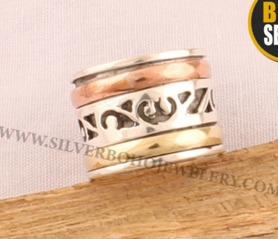 Hand Carved Three Tone Spinner Ring / 925 Solid Silver & Brass Ring / Boho Ring / Meditation Ring / Handmade Jewelry / Valentine's Day Gift