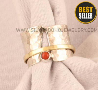 Red Coral Solid 925 Sterling Silver &amp; Brass Spinner Ring For Women - Anxiety Ring - Meditation Ring - Handmade Hammered Silver Band Ring