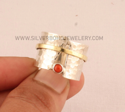 Red Coral Solid 925 Sterling Silver &amp; Brass Spinner Ring For Women - Anxiety Ring - Meditation Ring - Handmade Hammered Silver Band Ring