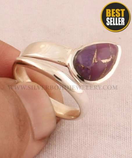 Purple Copper Turquoise Pear Gemstone Ring - 925 Sterling Silver Ring - Adjustable Handmade Jewelry - Engagement Ring - Valentine's Day Gift
