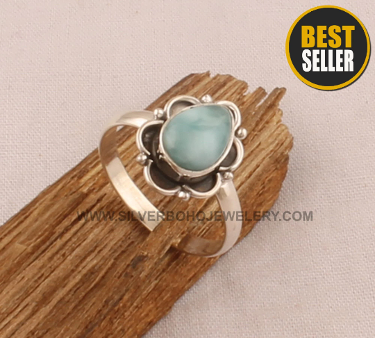 Natural Larimar Gemstone Solid 925 Sterling Silver Ring For Women - Handmade Solid Silver Pear Larimar Ring For Wedding - Ring Gift For Her