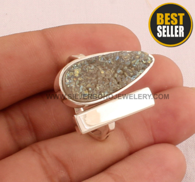 Titanium Druzy Silver Ring - 925 Sterling Solid Silver Adjustable Band Ring - Pear Druzy Silver Band Ring - Handmade Women Jewelry For Gift
