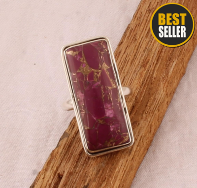 Silver Purple Copper Turquoise Rectangle Gemstone Ring - 925 Sterling Solid Silver Ring - Copper Turquoise Ring - Handmade Ring - Gift Idea