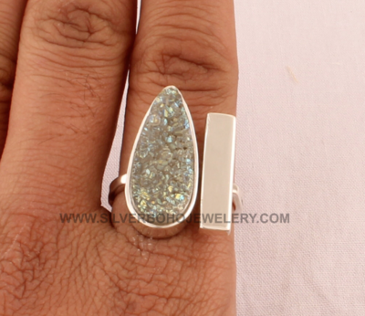 Titanium Druzy Silver Ring - 925 Sterling Solid Silver Adjustable Band Ring - Pear Druzy Silver Band Ring - Handmade Women Jewelry For Gift