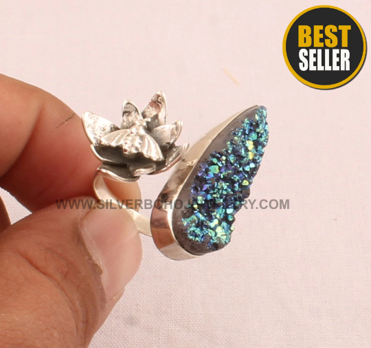 Honey Bee &amp; Titanium Druzy Silver Ring - 925 Sterling Solid Silver Adjustable Band Ring -Honey Bee On Flower Ring -Handmade Druzy Women Ring