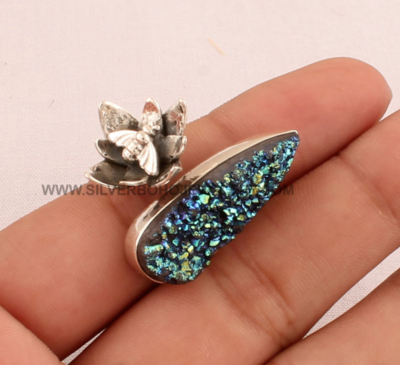 Honey Bee &amp; Titanium Druzy Silver Ring - 925 Sterling Solid Silver Adjustable Band Ring -Honey Bee On Flower Ring -Handmade Druzy Women Ring