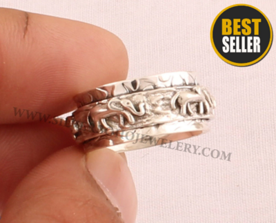 Designer Elephants Spinner Ring / 925 Sterling Silver Spin Ring / Handmade Carved Thumb Ring / Boho Worry Ring / Valentine's Day Gift Idea