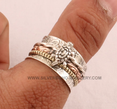 Turtle Three Tone Spinner Ring - 925 Sterling Silver &amp; Brass Meditation Ring - Handmade Tortoise Ring - Designer Turtle Worry Ring For Gift