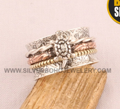 Turtle Three Tone Spinner Ring - 925 Sterling Silver &amp; Brass Meditation Ring - Handmade Tortoise Ring - Designer Turtle Worry Ring For Gift
