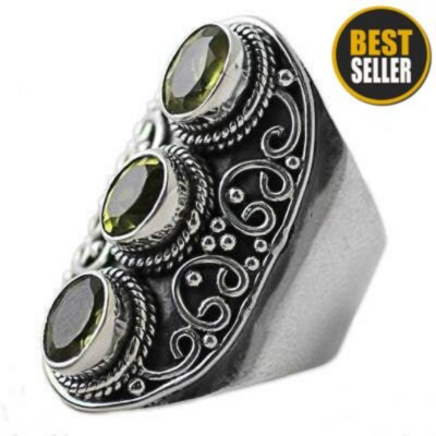 Natural Peridot AAA+Quality Gemstone Handcrafted Ring Cut Faceted Stone Boho Ring Antique Silver Ring Middle Finger Ring