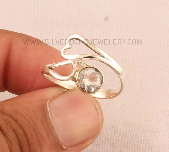 Silver Heart Natural Blue Topaz 925 Sterling Solid Silver Ring For Women - Handmade Round Cut Stone Ring - Heart Silver Ring Gift For Women