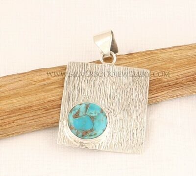 Blue Copper Turquoise Round Solid 925 Sterling Silver Necklace Pendant For Women
