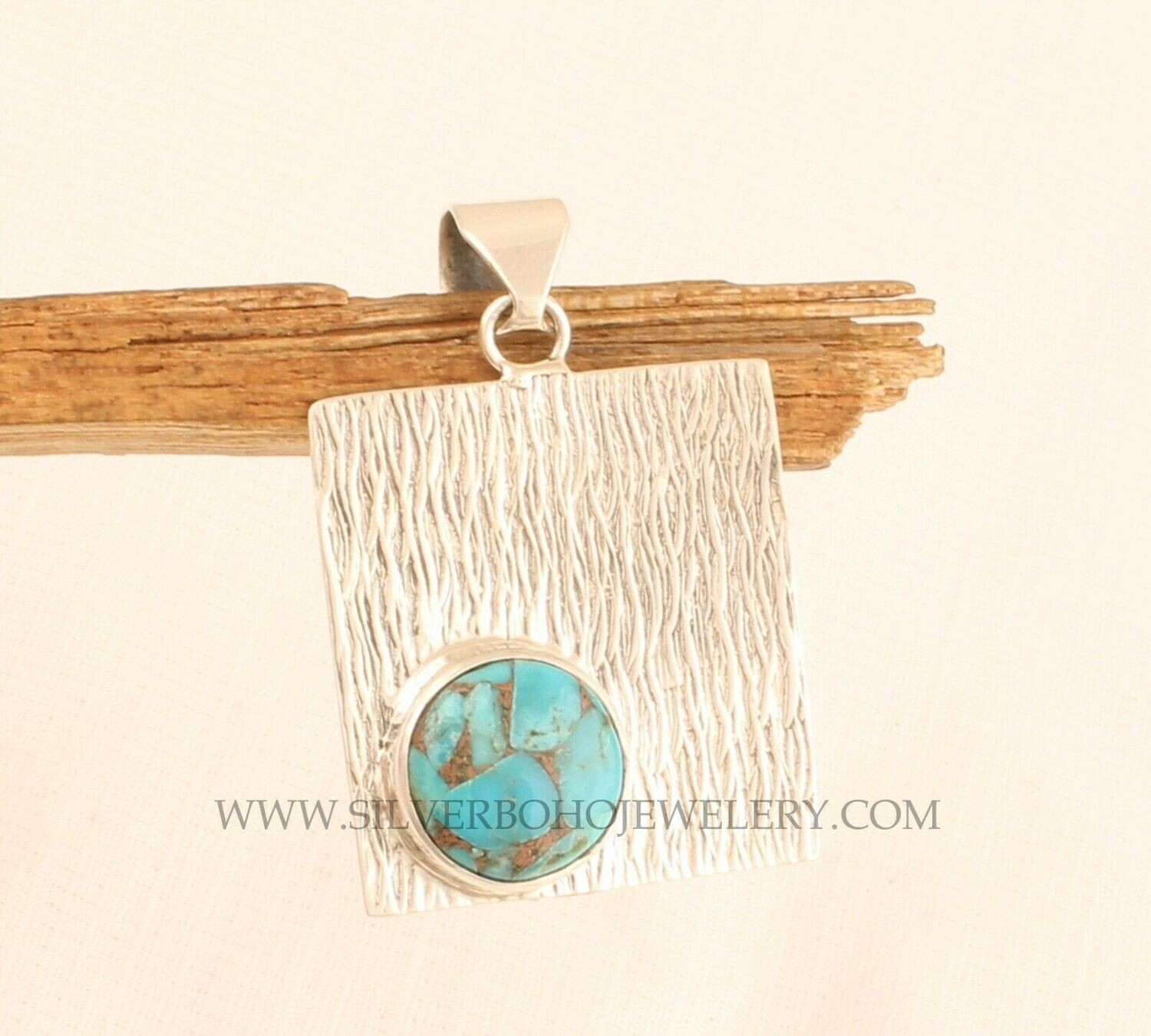 Blue Copper Turquoise Round Solid 925 Sterling Silver Necklace Pendant For Women