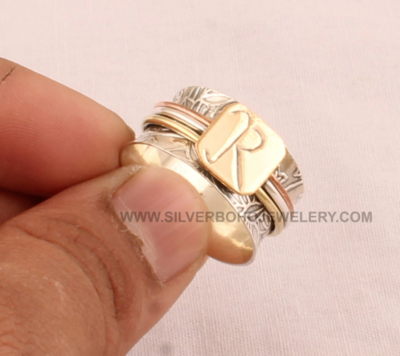 R Letter Three Tone Spinner Ring - 925 Sterling Silver & Brass Spin Ring - Handmade Designer Carved Band Spinner Ring - Anxiety Ring - Gift