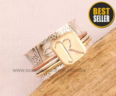 R Letter Three Tone Spinner Ring - 925 Sterling Silver &amp; Brass Spin Ring - Handmade Designer Carved Band Spinner Ring - Anxiety Ring - Gift